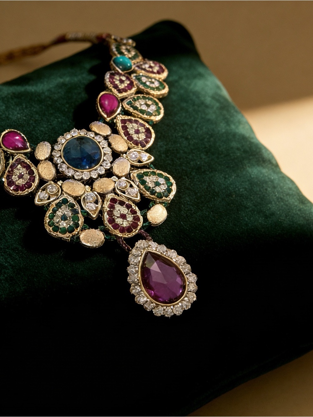 Vintage-Inspired Gold Statement Necklace with Multi-Colored Gemstones